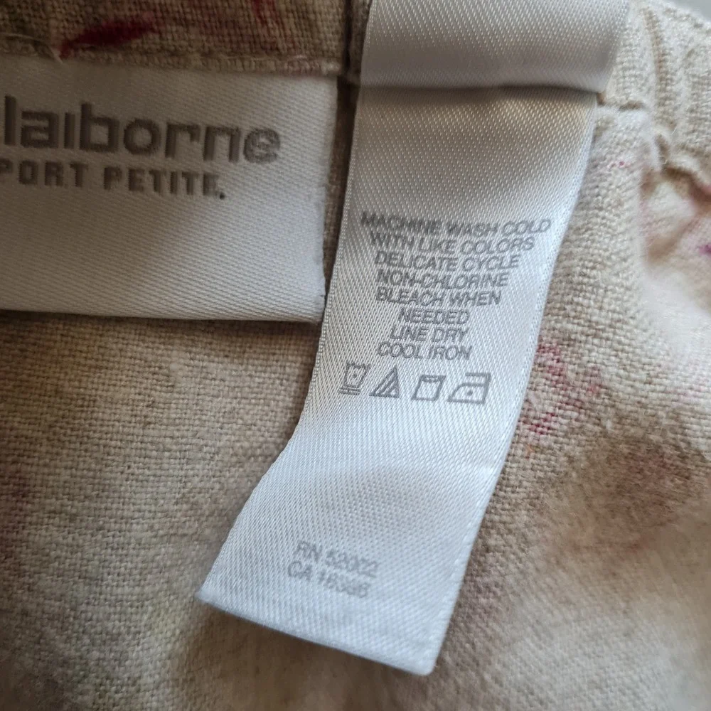 Liz Claiborne Skirt Womens 4 Petite Beige Pink Yellow Floral Linen Blend Midi